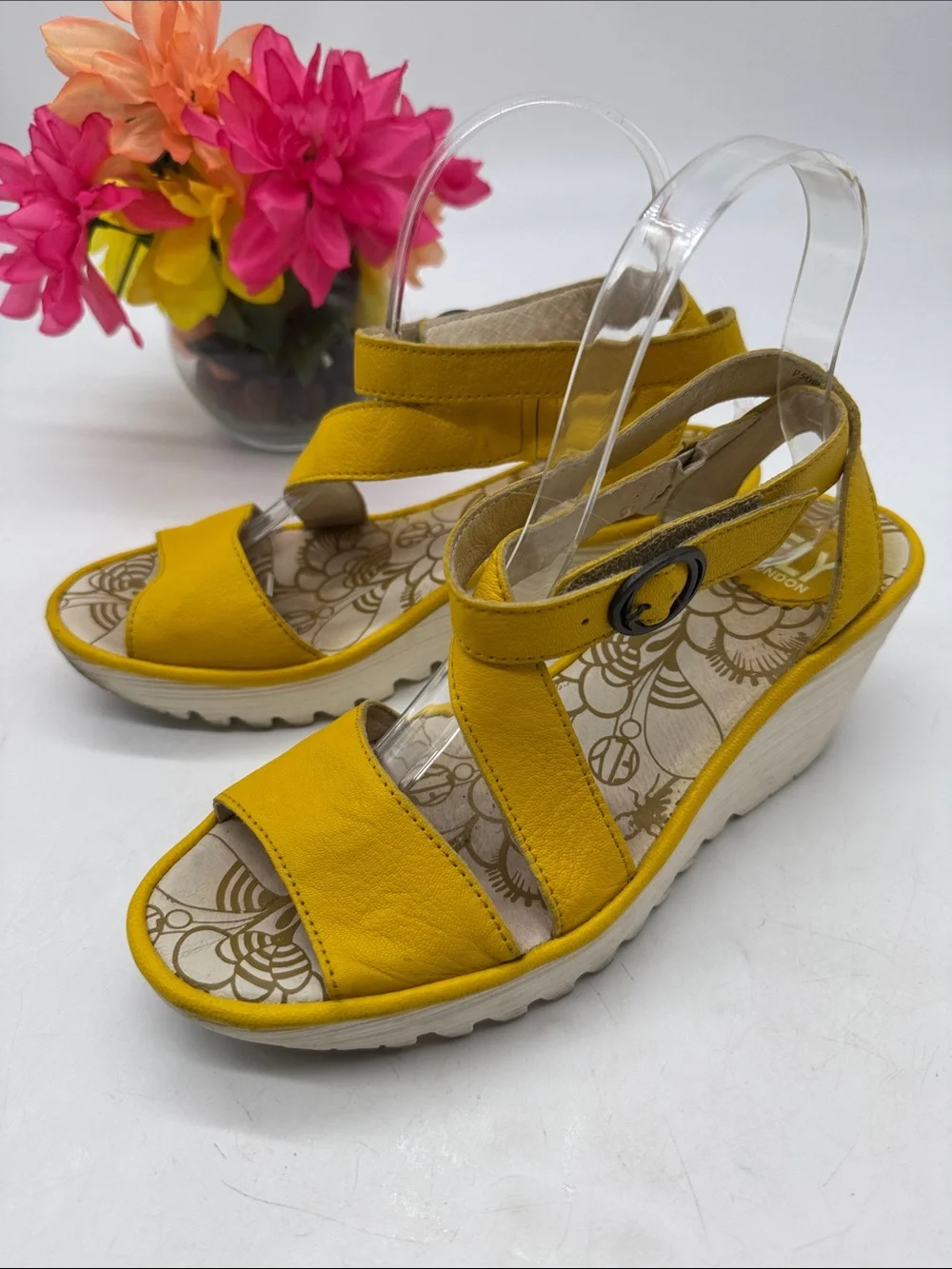 Fly London Mustard Yellow Wedge Sandals with Ankle Strap Size 38